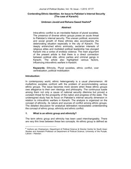 Contending Ethnic Identities: an Issue to Pakistan's Internal Security (The Case of Karachi) Umbreen Javaid and Rehana Saeed H