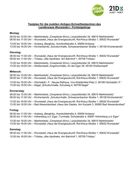 Testplan Für Die Mobilen Antigen-Schnelltestzentren Des Landkreises Wunsiedel I