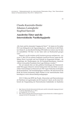 Claudia Kuretsidis-Haider Johannes Laimighofer Siegfried Sanwald Auschwitz-Täter Und Die Österreichische Nachkriegsjustiz