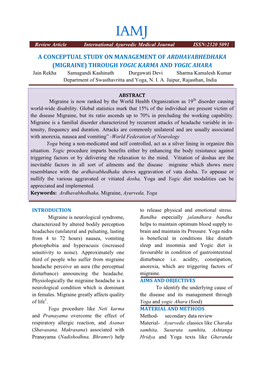 MIGRAINE) THROUGH YOGIC KARMA and YOGIC AHARA Jain Rekha Samagandi Kashinath Durgawati Devi Sharma Kamalesh Kumar Department of Swasthavritta and Yoga, N