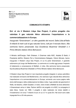 COMUNICATO STAMPA Eni: Al Via Il Western Libya Gas Project, Il Primo