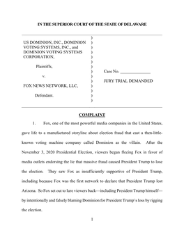 Dominion Complaint Against Fox News Network