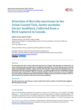 Detection of Borrelia Americana in the Avian Coastal Tick, Ixodes Auritulus (Acari: Ixodidae), Collected from a Bird Captured in Canada