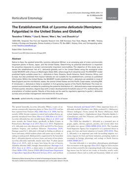 The Establishment Risk of Lycorma Delicatula (Hemiptera: Fulgoridae) in the United States and Globally