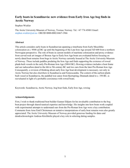 Early Boats in Scandinavia: New Evidence from Early Iron Age Bog Finds in Arctic Norway Stephen Wickler the Arctic University Museum of Norway, Tromsø, Norway