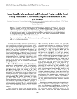 Some Specific Morphological and Ecological Features of the Fossil Woolly Rhinoceros (Coelodonta Antiquitatis Blumenbach 1799) G