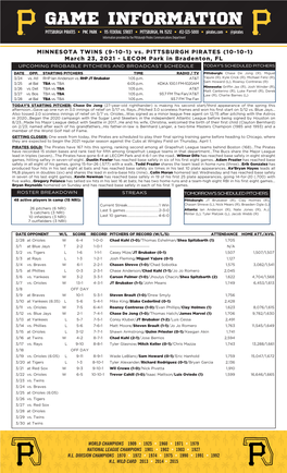 MINNESOTA TWINS (9-10-1) Vs. PITTSBURGH PIRATES (10-10-1