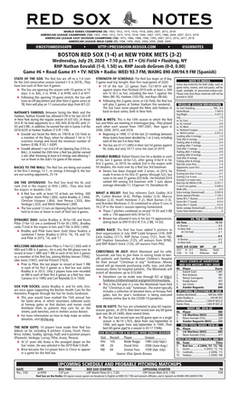 BOSTON RED SOX (1-4) at NEW YORK METS (3-2) Wednesday, July 29, 2020 • 7:10 P.M