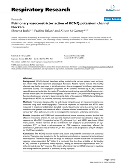 Pulmonary Vasoconstrictor Action of KCNQ Potassium Channel Blockers Shreena Joshi1,2, Prabhu Balan1 and Alison M Gurney*1,2