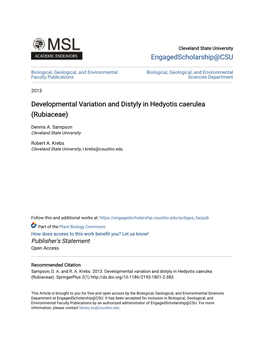 Developmental Variation and Distyly in Hedyotis Caerulea (Rubiaceae)