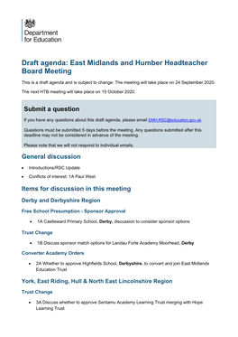 Draft Agenda: East Midlands and Humber Headteacher Board Meeting