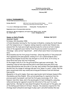 H.S.B.A. TOURNAMENTS Sussex Vs Herts Friendly Graham Hall (U13