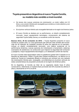 Toyota Presentó En Argentina El Nuevo Toyota Corolla, Su Modelo Más Vendido a Nivel Mundial