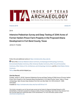 Intensive Pedestrian Survey and Deep Testing of 2044 Acres of Former Harlem Prison Farm Property in the Proposed Aliana Development in Fort Bend County, Texas