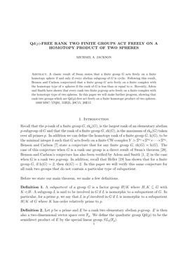 Qd(P)-FREE RANK TWO FINITE GROUPS ACT FREELY on a HOMOTOPY PRODUCT of TWO SPHERES