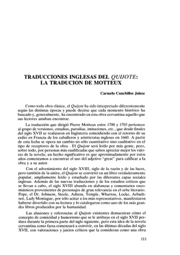 Traducciones Inglesas Del Quijote: La Traducion De Motteux