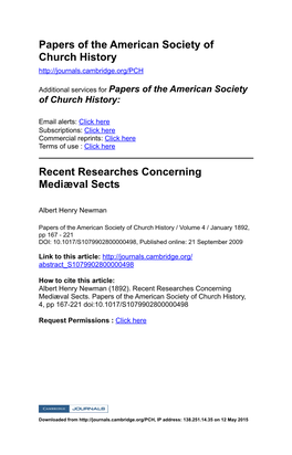 Papers of the American Society of Church History Recent Researches