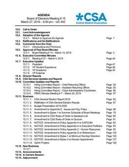 AGENDA Board of Directors Meeting # 15 March 27, 2019 – 6:00 Pm – UC 442