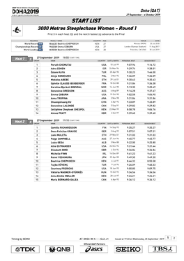 START LIST 3000 Metres Steeplechase Women - Round 1 First 3 in Each Heat (Q) and the Next 6 Fastest (Q) Advance to the Final