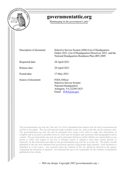 Selective Service System (SSS) List of Headquarters Orders 2021, List of Headquarters Directives 2021, and the National Headquarters Readiness Plan (RP) 2009