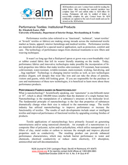 Performance Textiles: Institutional Products By: Elizabeth Easter, Phd University of Kentucky, Department of Interior Design, Merchandising & Textiles