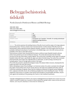 Bebyggelsehistorisk Tidskrift Nordic Journal of Settlement History and Built Heritage