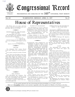 Congressional Record United States Th of America PROCEEDINGS and DEBATES of the 105 CONGRESS, FIRST SESSION