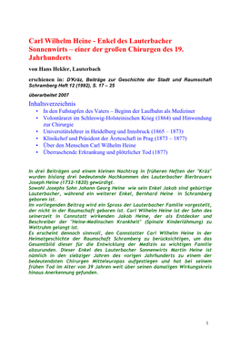 Carl Wilhelm Heine - Enkel Des Lauterbacher Sonnenwirts – Einer Der Großen Chirurgen Des 19