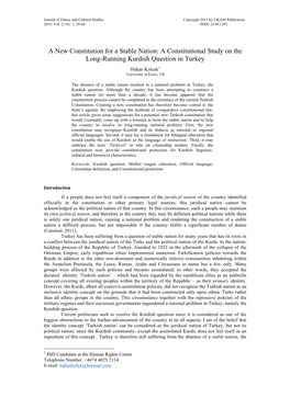 A Constitutional Study on the Long-Running Kurdish Question in Turkey Hakan Kolcak1 University of Essex, UK