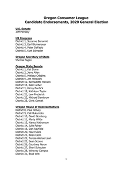 Oregon Consumer League Candidate Endorsements, 2020 General Election