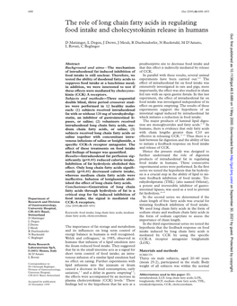 The Role of Long Chain Fatty Acids in Regulating Food Intake and Cholecystokinin Release in Humans Gut: First Published As 10.1136/Gut.46.5.689 on 1 May 2000