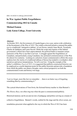 Commemorating 1812 in Canada Michael Eamon Lady Eaton College, Trent University