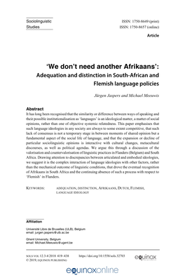 T Need Another Afrikaans’: Adequation and Distinction in South-African and Flemish Language Policies