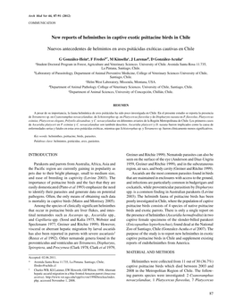 New Reports of Helminthes in Captive Exotic Psittacine Birds in Chile