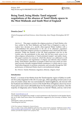 Tamil Migrants' Negotiations of the Absence of Tamil Hindu Spaces In