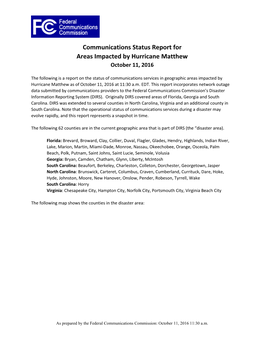 Communications Status Report for Areas Impacted by Hurricane Matthew October 11, 2016