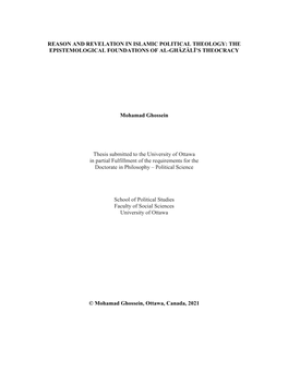 Reason and Revelation in Islamic Political Theology: the Epistemological Foundations of Al-Ghāzālī’S Theocracy