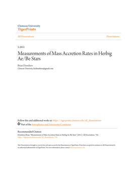 Measurements of Mass Accretion Rates in Herbig Ae/Be Stars Brian Donehew Clemson University, Bcdonehew@Gmail.Com