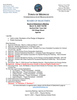 Town of Medway BOARD of SELECTMEN 155 Village Street, Medway MA 02053 (508) 533-3264 (508) 321-4988 (F)