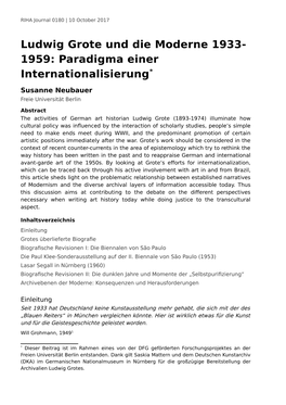 Ludwig Grote Und Die Moderne 1933- 1959: Paradigma Einer Internationalisierung*