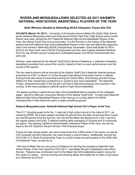 Rivers and Mosqueda-Lewis Selected As 2011 Naismith National High School Basketball Players of the Year