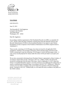 Letter of Notification of Presidential Records Release (Clinton)