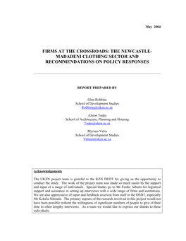 Firms at the Crossroads: the Newcastle- Madadeni Clothing Sector and Recommendations on Policy Responses