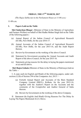 The Rajya Sabha Met in the Parliament House at 11-00 Am