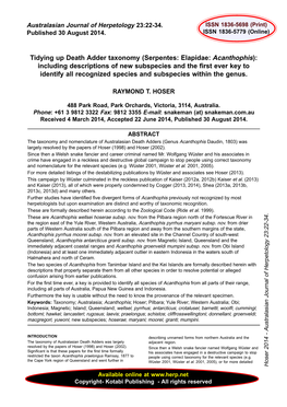 Serpentes: Elapidae: Acanthophis): Including Descriptions of New Subspecies and the First Ever Key to Identify All Recognized Species and Subspecies Within the Genus