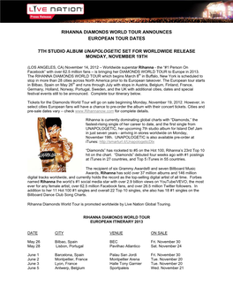 Rihanna Diamonds World Tour Announces European Tour Dates