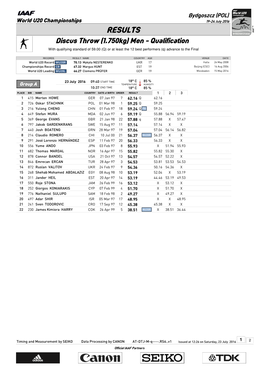 RESULTS Discus Throw (1.750Kg) Men - Qualification with Qualifying Standard of 59.00 (Q) Or at Least the 12 Best Performers (Q) Advance to the Final