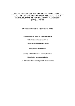 Agreement Between the Government of Australia and the Government of India Relating to Air Services, Done at New Delhi on 6 March 2006 [2006] Atnif 13