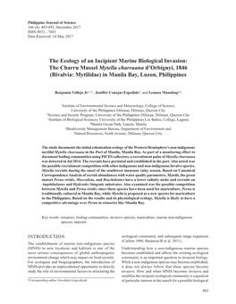 The Ecology of an Incipient Marine Biological Invasion: the Charru Mussel Mytella Charruana D’Orbignyi, 1846 (Bivalvia: Mytilidae) in Manila Bay, Luzon, Philippines