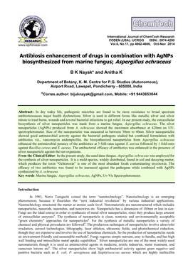 Antibiosis Enhancement of Drugs in Combination with Agnps Biosynthesized from Marine Fungus; Aspergillus Ochraceus